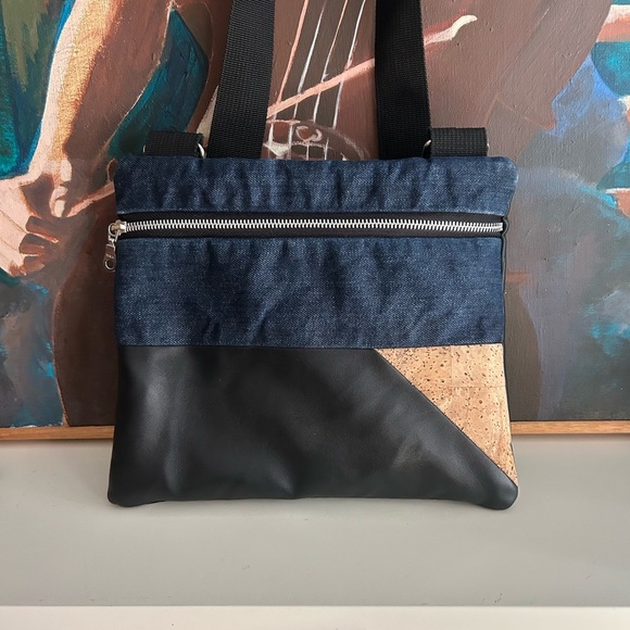 Stylish Denim and Black Crossbody Bag Vegan 9.5"x11" - Picture 7 of 16